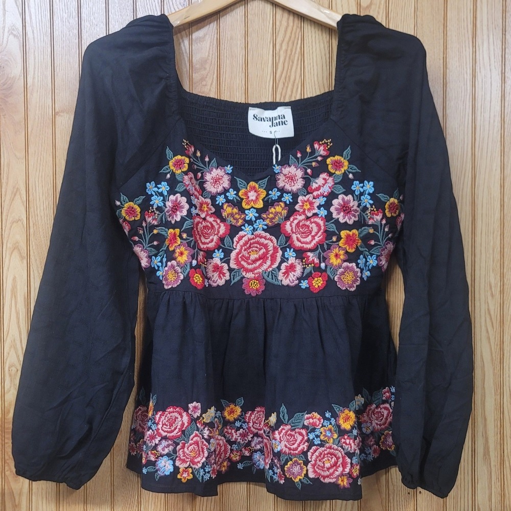 Savanna Jane Cottagecore Folk Black Floral Embroidered Boho Peasant Top Small